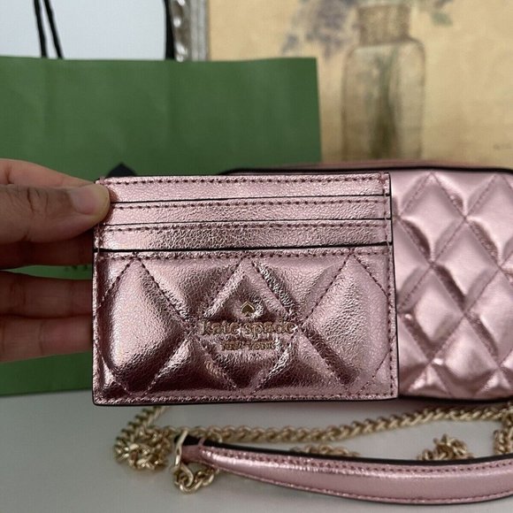 NWT Kate Spade Boxed Quilted Metalic Leather Crossbody Card Case Set In Pink - Picture 4 of 10